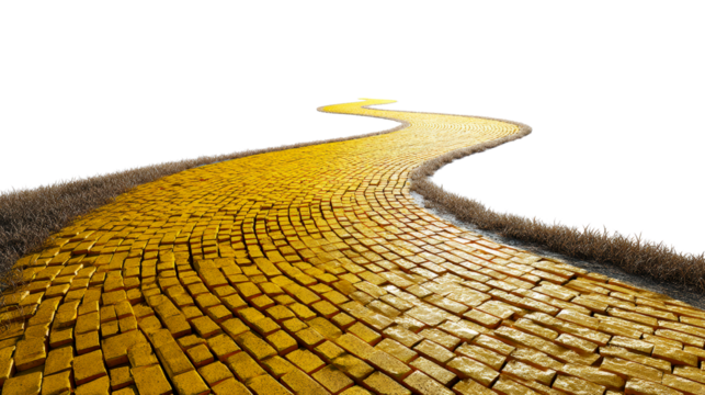 Yellow brick pathway winding through dry grass on white, cut out transparent