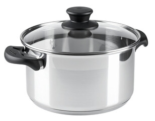 A modern stainless steel pot with a polished finish, matching lid on top, and black h 57352