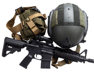 A modern combat helmet placed next to an assault rifle, viewed from above, clear deta 431578
