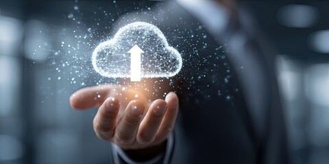 Holographic cloud upload icon held in a hand (1)