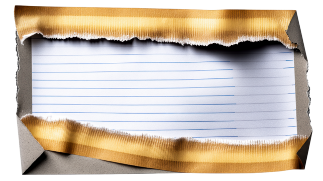 Torn cardboard reveals lined paper with golden textured edge, cut out transparent