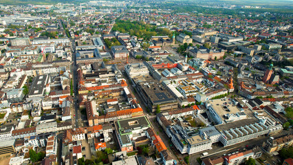 Fototapeta premium Aerial view around the old town of the city Darmstadt, Germany on a sunny spring morning