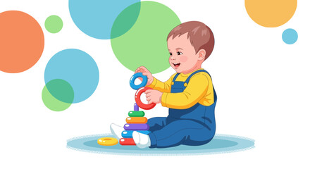 Naklejka premium Adorable baby playing with stacking rings toy, colorful circles background, happiness concept