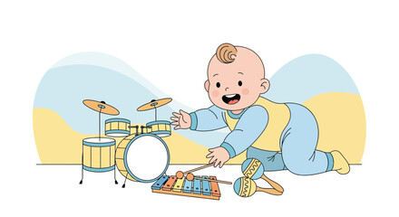 Naklejka premium Adorable Baby Reaching For Musical Instruments, Creating Melodious Childhood Moments