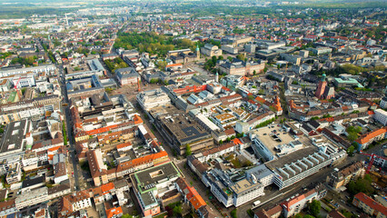 Aerial view around the old town of the city Darmstadt, Germany on a sunny spring morning