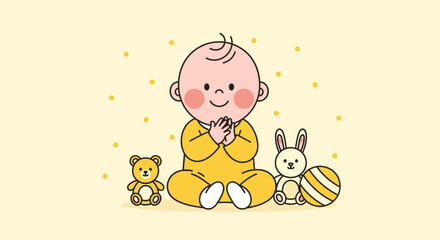 Adorable Baby Sitting Surrounded by Toys on a Pastel Yellow Colored Background