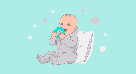 Adorable Baby Sitting, Chewing on Teether Toy, with a Teal Background