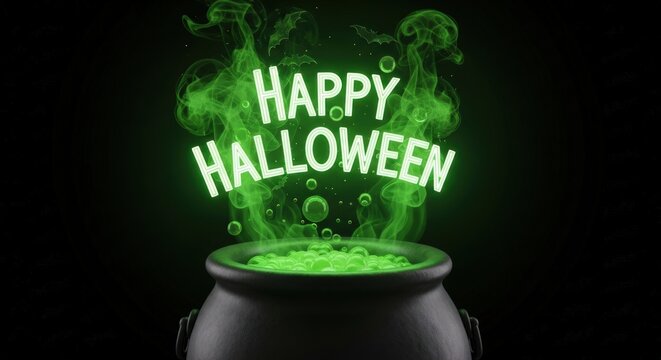 A halloween poster with glowing green cauldron and happy halloween text for spooky decoration