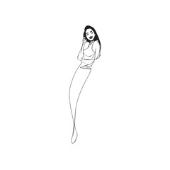 Beautiful Woman Black and White Vector Image Illustration Fashion Girl Portrait Line Art Drawing