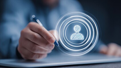 Person icon, hand writing, digital interface