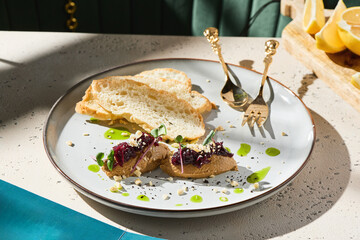 Chicken liver pate with toast, bright natural lighting, minimal overhead composition