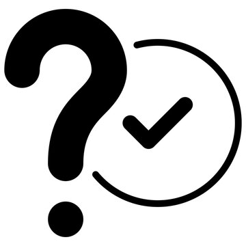 Question Check Glyph Black Silhouette Icon Design Vector - Question mark with check symbol, representing verified answer or solved issue