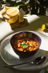 Minestrone vegetable soup in a dark bowl, bright natural light, overhead composition