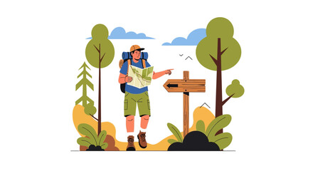 Fototapeta premium Adventurer Discovering Direction, Exploring Nature With Map, Searching For The Path