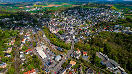 Fototapeta premium Aerial view around the old town of the city Hadamar, Germany on a cloudy spring day