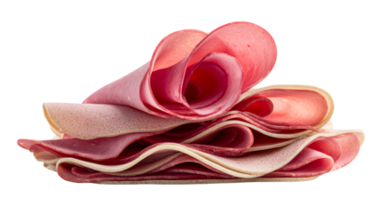 Sliced deli meats piled with visible texture and layers, cut out transparent