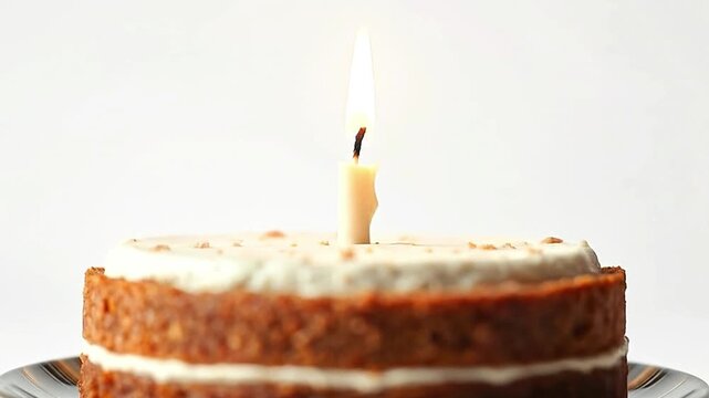 A twolayer cake with white frosting and a lit candle on top set against a plain light background