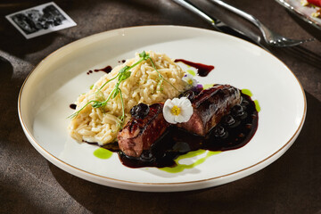 Duck confit fillet with berry sauce and risoni, moody lighting, closeup restaurant plating