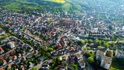 Aerial view around the old town of the city Leimen, Germany on a cloudy spring day