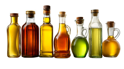 Assortment of transparent liquid bottles with cork and metal stoppers on white, cut out transparent