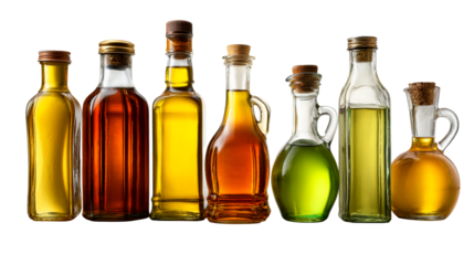 Assortment of transparent liquid bottles with cork and metal stoppers on white, cut out transparent