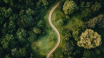 Winding dirt path through lush green forest canopy, top-down view