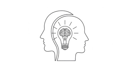 Two human head outlines, one facing left and one facing right, with light bulb and brain inside, symbolizing creativity, innovation, and intelligence