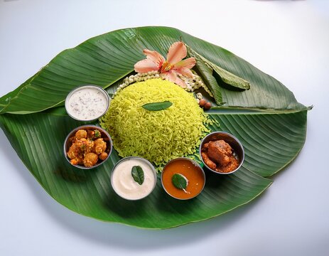 Vibrant Indian Thali Feast presented elegantly on a banana leaf with colorful curries and fluffy yellow rice, a culinary delight