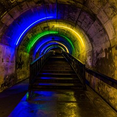 Obraz premium Tunnel with colored lights and stairs