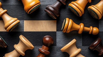 Close-up of scattered chess pieces on a board, light vs. dark wood