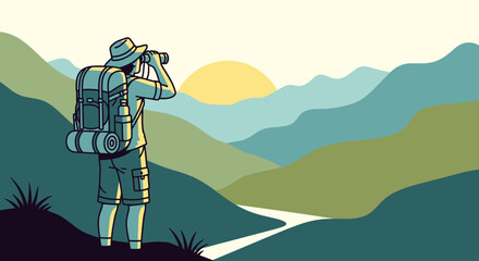 Adventurer Observing Rolling Hills and River at Sunrise with Binoculars for Inspiration