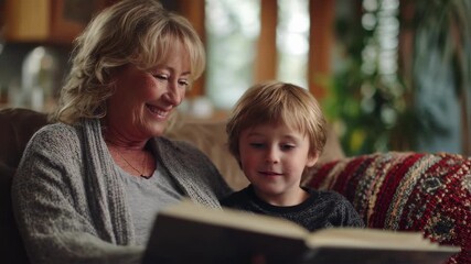 Medium shot of a grandparent reading to a child on a couch focusing on their engaged expressions with the rooms details fading gently behind. - Powered by Adobe