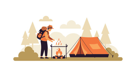 Adventurer Prepares Campfire Near Tent During Camping Trip In The Forest Outdoors