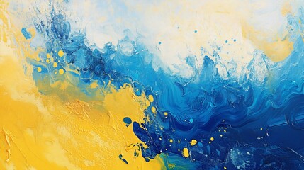 Abstract painting fluid blue and yellow paint splatters merge, creating dynamic swirls and textures