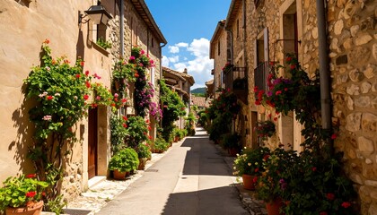 Fototapeta premium A sun-drenched alleyway lined with colorful flowers and stone buildings. A picturesque village scene