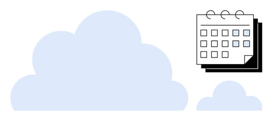 Large clouds paired with a calendar represent online storage and organization. Ideal for cloud computing, data storage, scheduling, time management, productivity, digital organization, simple flat