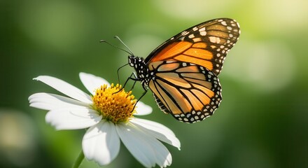 Fototapeta premium A monarch butterfly delicately rests on a vibrant white flower, bathed in natural sunlight.