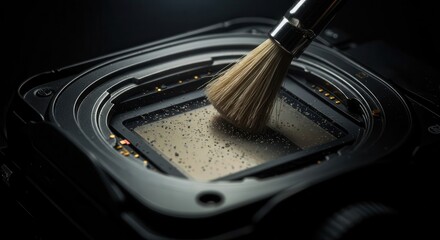 A high-quality close-up of a brush cleaning a camera sensor, showcasing intricate details and a professional repair procedure.