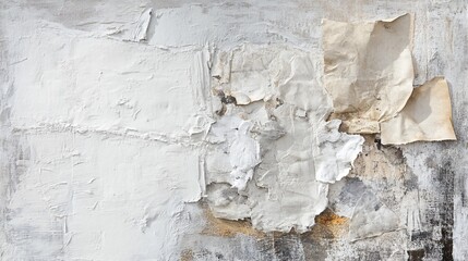 Textured wall with peeling paint and paper fragments in a neutral palette