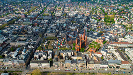 Aerial view around the old town of the city Wiesbaden, Germany ona sunny spring morning