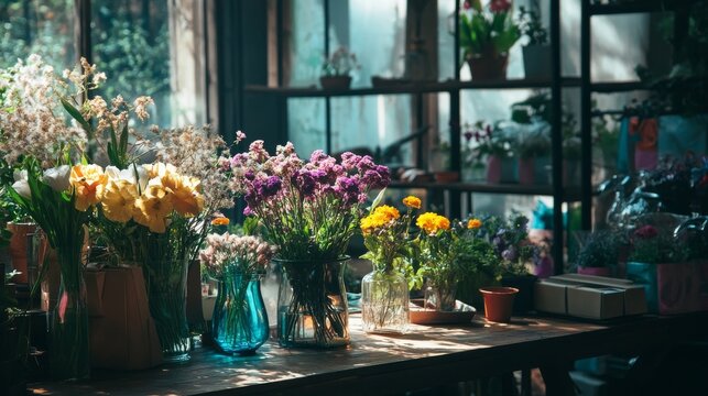 Colorful flower arrangements displayed on a wooden table inside a bright flower shop