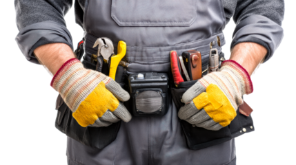 Worker in utility belt holding pliers and gloves, cut out transparent