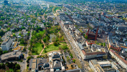 Obraz premium Aerial view around the old town of the city Wiesbaden, Germany ona sunny spring morning