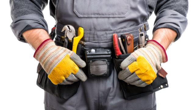 Worker in utility belt holding pliers and gloves, cut out transparent
