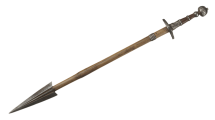 Ancient spear weapon with detailed metallic head and rustic wooden shaft, perfect for historical themes.