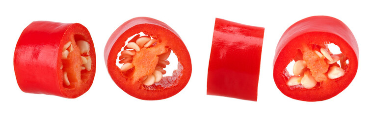 slices red chili isolated, transparent PNG, PNG format, Close-up photo of fresh red chili peppers