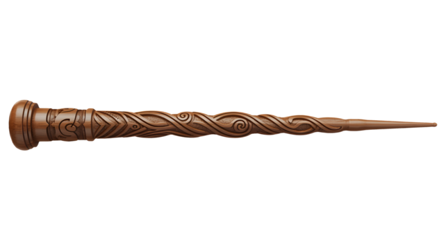 Detailed carved wooden magic wand with intricate swirling patterns, perfect for fantasy themes