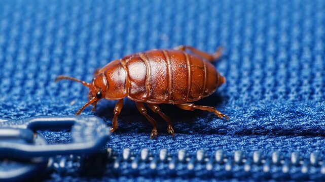 Brown Bed Bug on Blue Fabric - Close-up of a brown bed bug crawling on a blue zippered fabric surface, possibly luggage. The video provides a detailed view of the insect and the textured material.