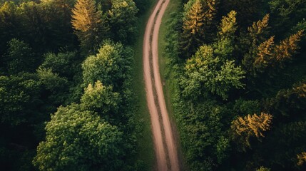 Forest path. View from above. Green trees and grass on either side. Sunny day