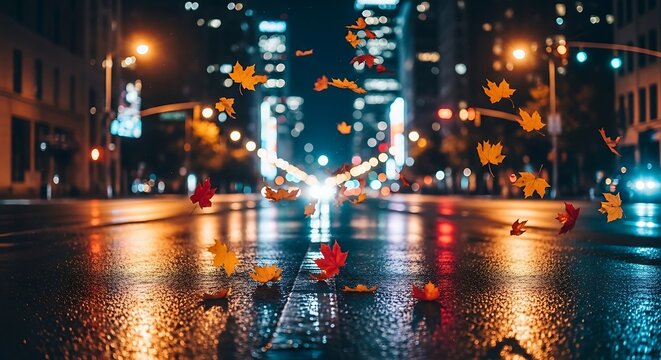 Fototapeta Rainy Night City Street Autumn Leaves.